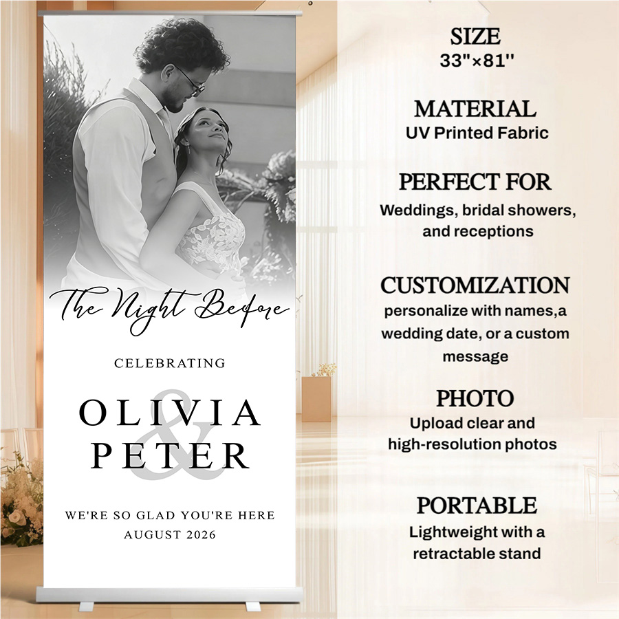 Customized wedding retractable banners - personalized photo wedding welcome signs, reception decorations and background curtains